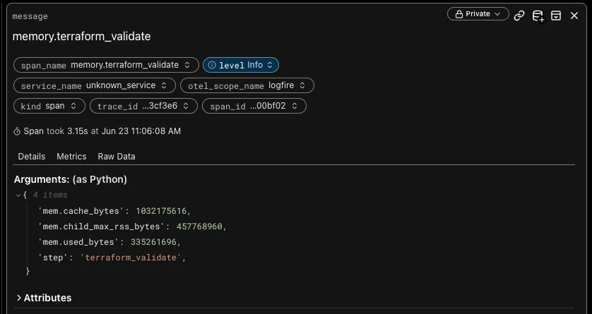 Logfire trace UI showing memory.<step> spans from the track_memory decorator, each tagged with mem.used_bytes, mem.cache_bytes, and mem.child_max_rss_bytes attributes.