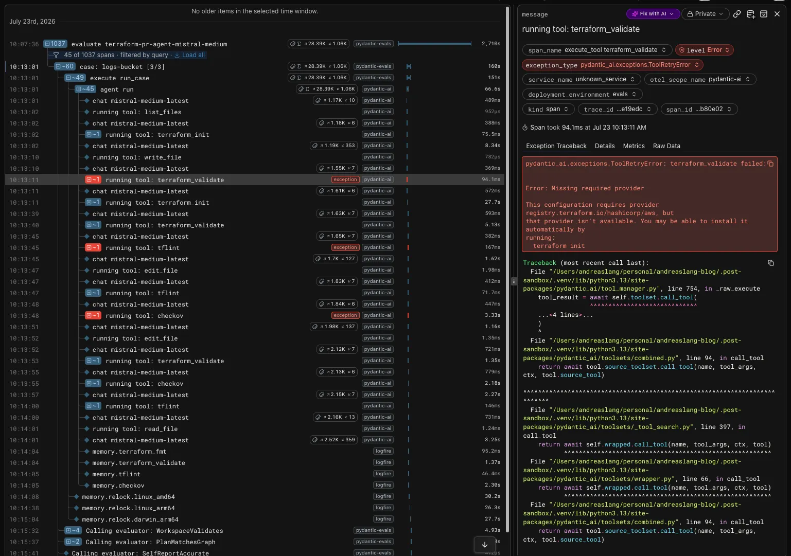 Logfire trace of the mistral-medium logs-bucket case, third repeat. The span tree shows the agent run
interleaving chat spans with tool calls, and three of them flagged as exceptions: terraform_validate, tflint and
checkov. The detail pane for the selected terraform_validate span shows a pydantic_ai ToolRetryError reading
'Error: Missing required provider. This configuration requires provider registry.terraform.io/hashicorp/aws, but
that provider isn't available. You may be able to install it automatically by running: terraform init'.